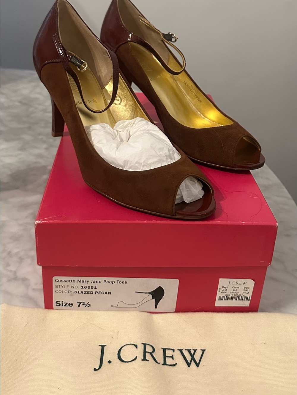 J. Crew Cossette Mary Jane Peep Toe Heels in Glazed Pecan Brown